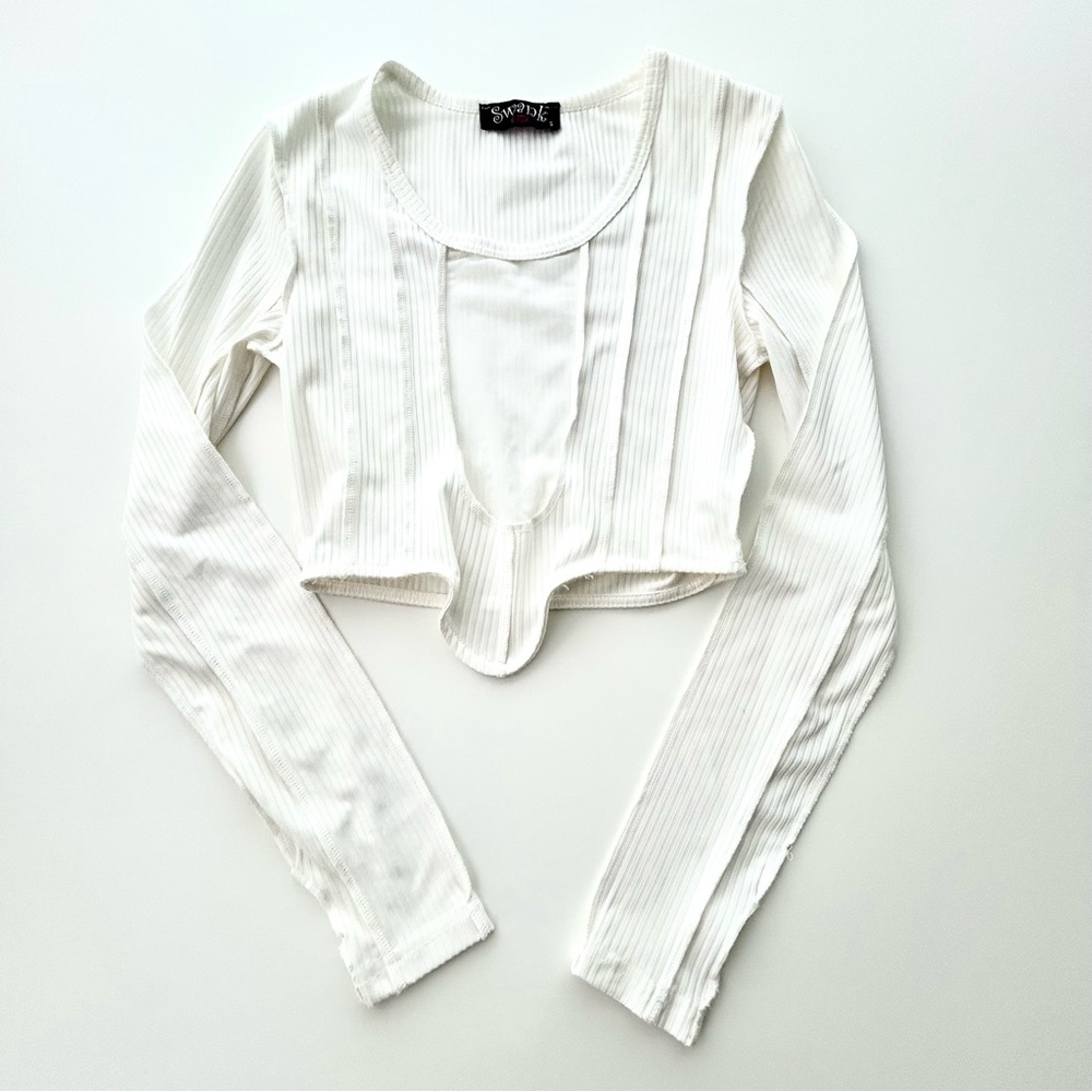 SWANK White Ribbed Long Sleeve Crop Top